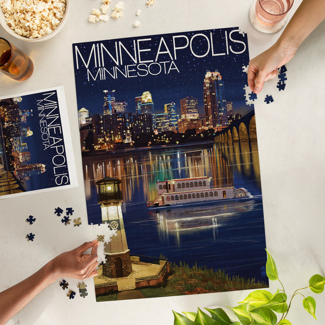 Minneapolis, Minnesota, Skyline at Night, Jigsaw Puzzle Puzzle Lantern Press 