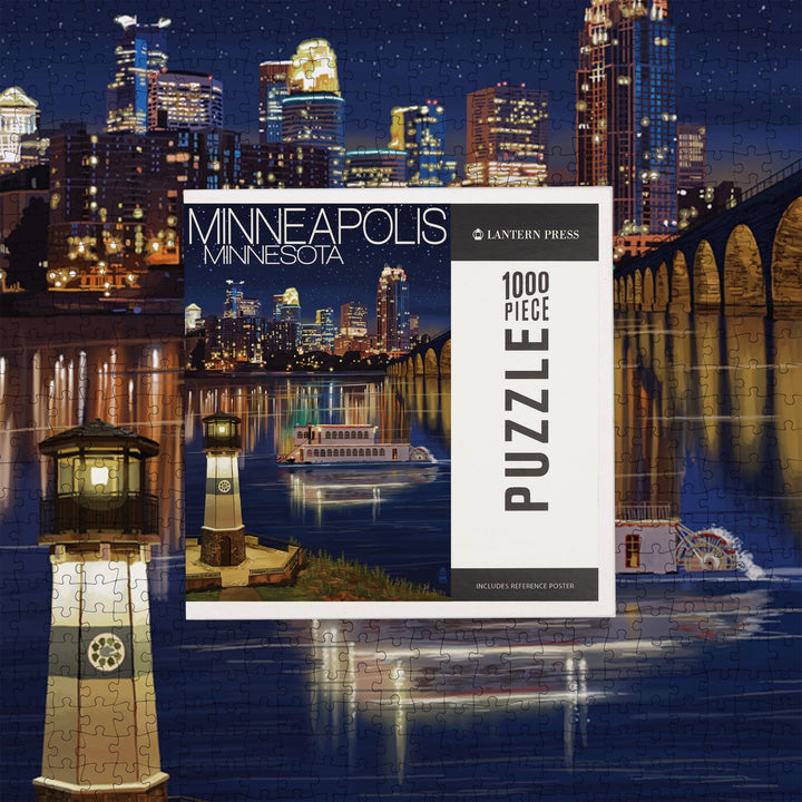 Minneapolis, Minnesota, Skyline at Night, Jigsaw Puzzle Puzzle Lantern Press 