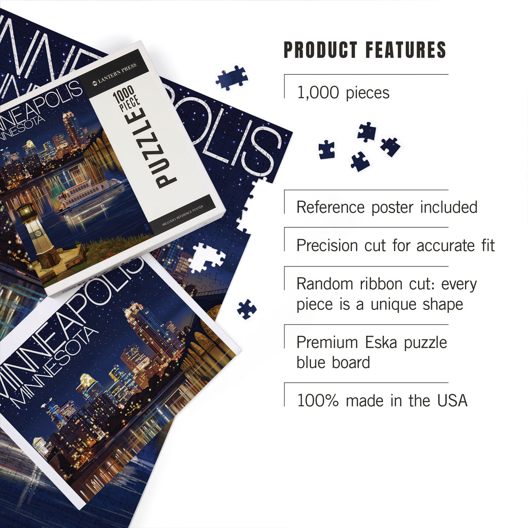 Minneapolis, Minnesota, Skyline at Night, Jigsaw Puzzle Puzzle Lantern Press 