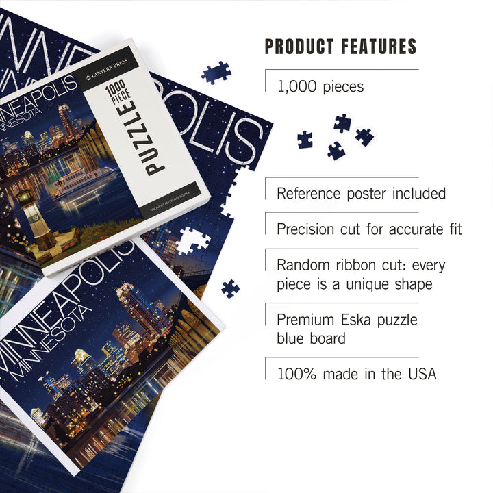 Minneapolis, Minnesota, Skyline at Night, Jigsaw Puzzle Puzzle Lantern Press 