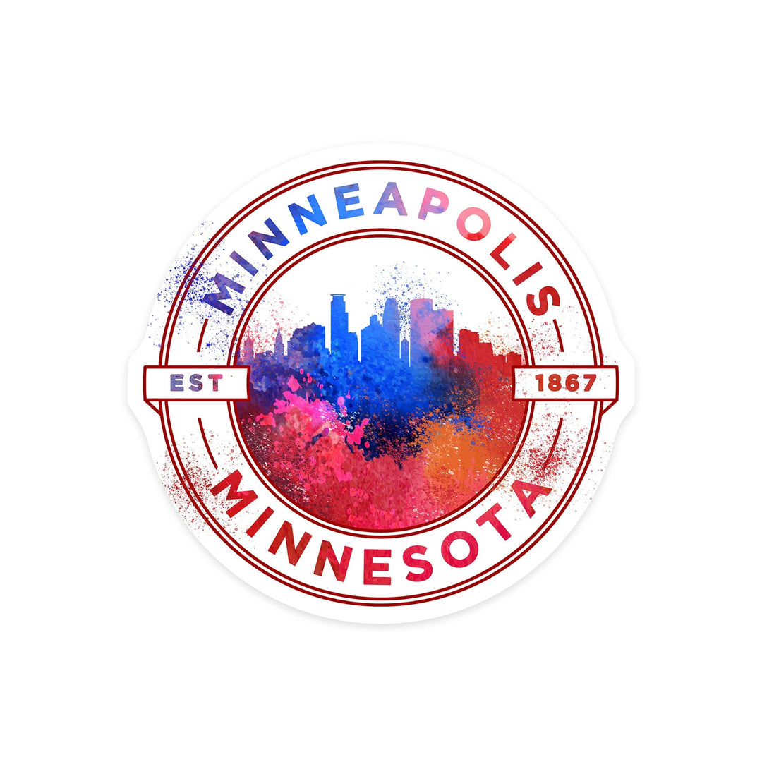Minneapolis, Minnesota, Vibrant Watercolor, Badge Contour, Lantern Press Artwork, Vinyl Sticker Sticker Lantern Press 