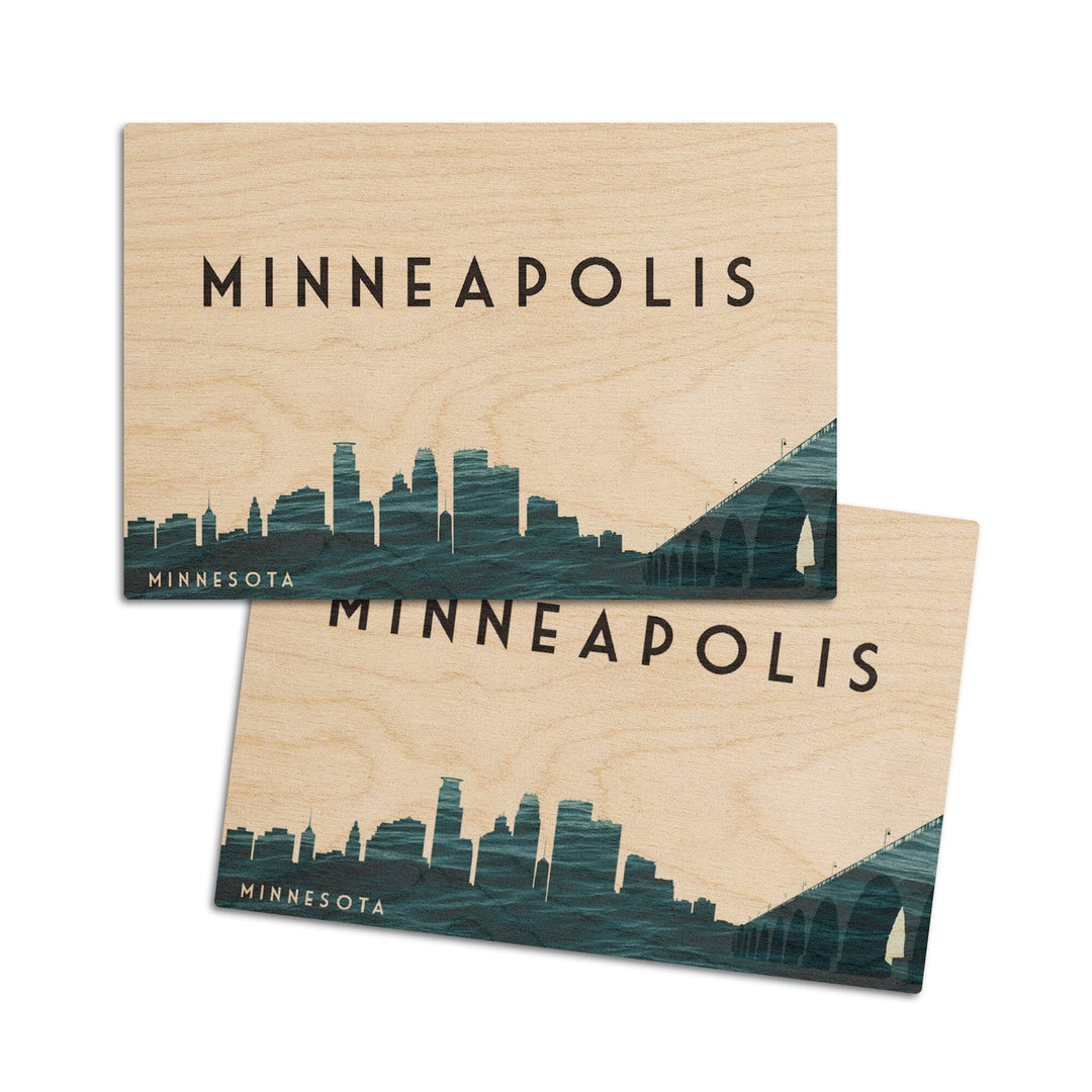 Minneapolis, Minnesota, Water Skyline, Lantern Press Artwork, Wood Signs and Postcards Wood Lantern Press 4x6 Wood Postcard Set 