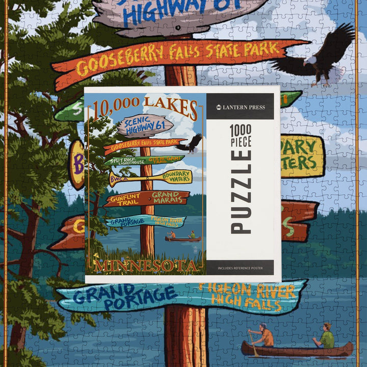 Minnesota, 10,000 Lakes, Destinations Sign, Jigsaw Puzzle Puzzle Lantern Press 