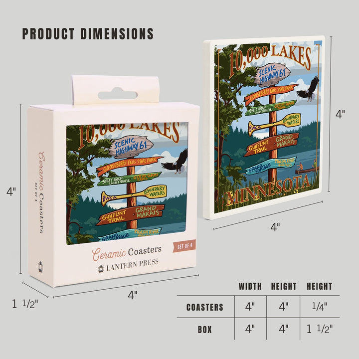 Minnesota, 10,000 Lakes, Destinations Sign, Lantern Press Artwork, Coaster Set - Lantern Press