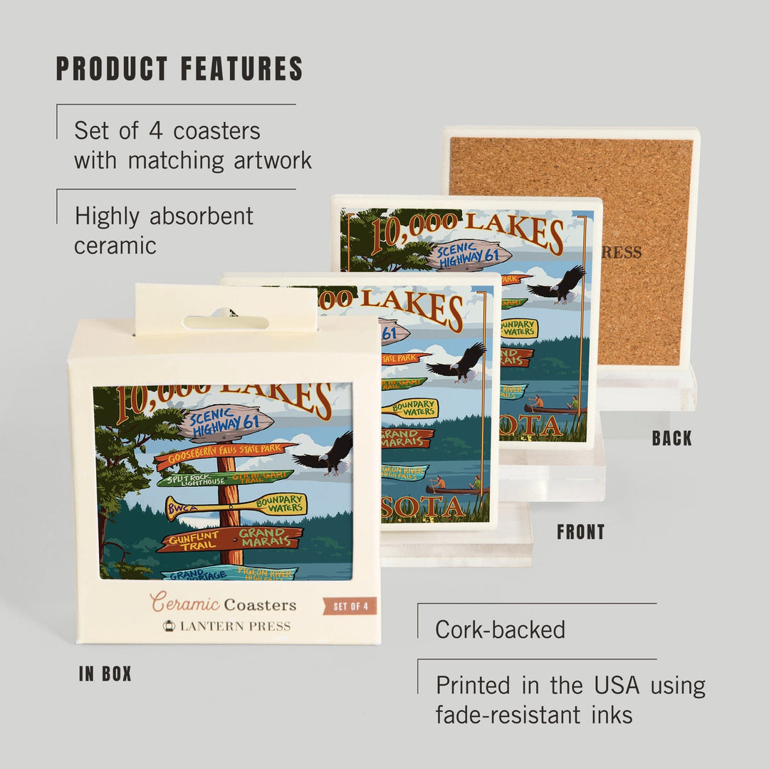 Minnesota, 10,000 Lakes, Destinations Sign, Lantern Press Artwork, Coaster Set - Lantern Press