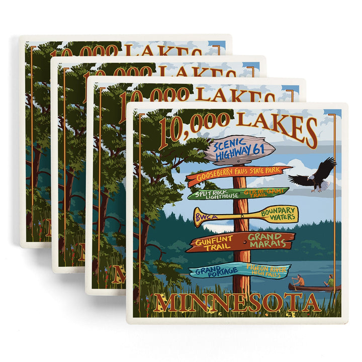 Minnesota, 10,000 Lakes, Destinations Sign, Lantern Press Artwork, Coaster Set - Lantern Press