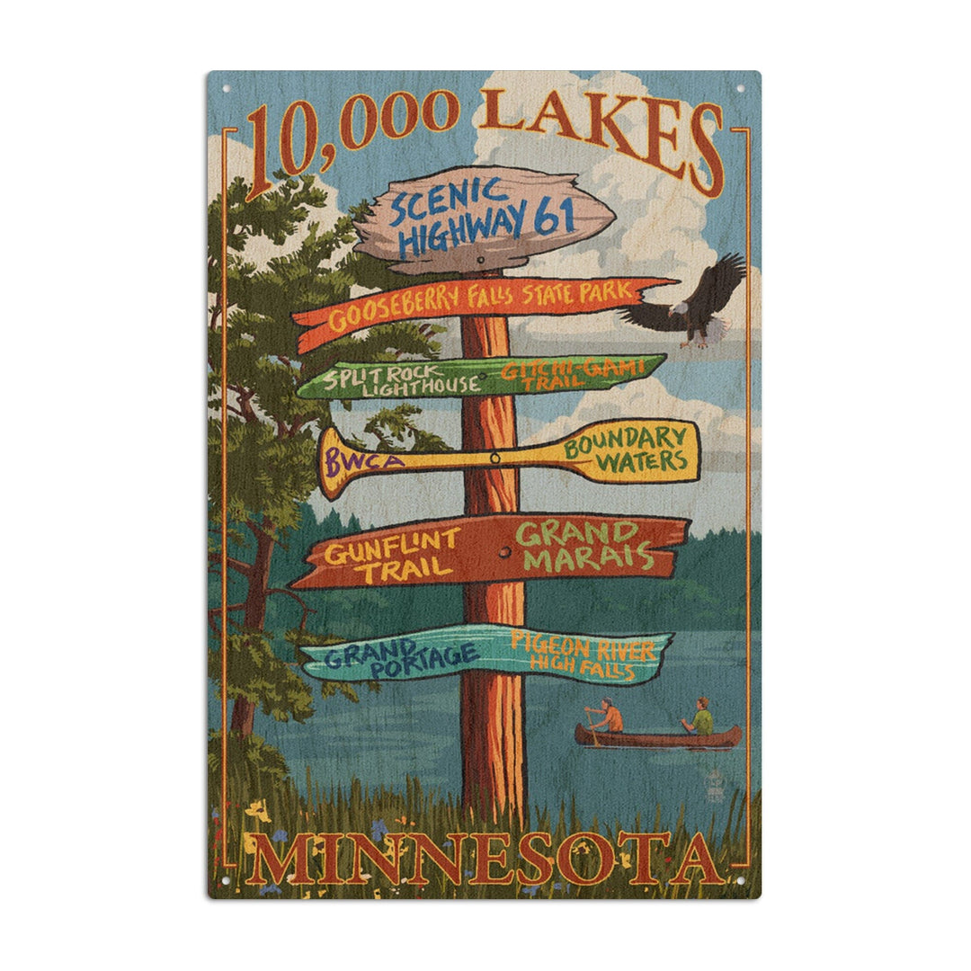 Minnesota, 10,000 Lakes, Destinations Sign, Lantern Press Artwork, Wood Signs and Postcards Wood Lantern Press 6x9 Wood Sign 