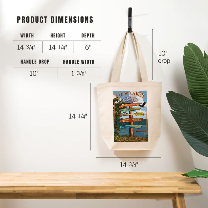 Minnesota, 10,000 Lakes, Destinations Sign, Tote Bag Totes Lantern Press 