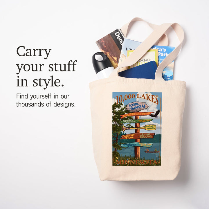 Minnesota, 10,000 Lakes, Destinations Sign, Tote Bag Totes Lantern Press 