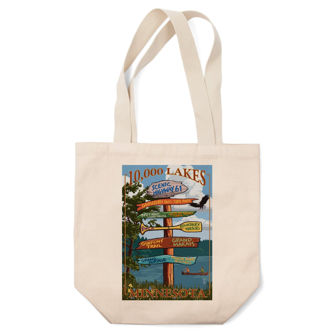 Minnesota, 10,000 Lakes, Destinations Sign, Tote Bag Totes Lantern Press 