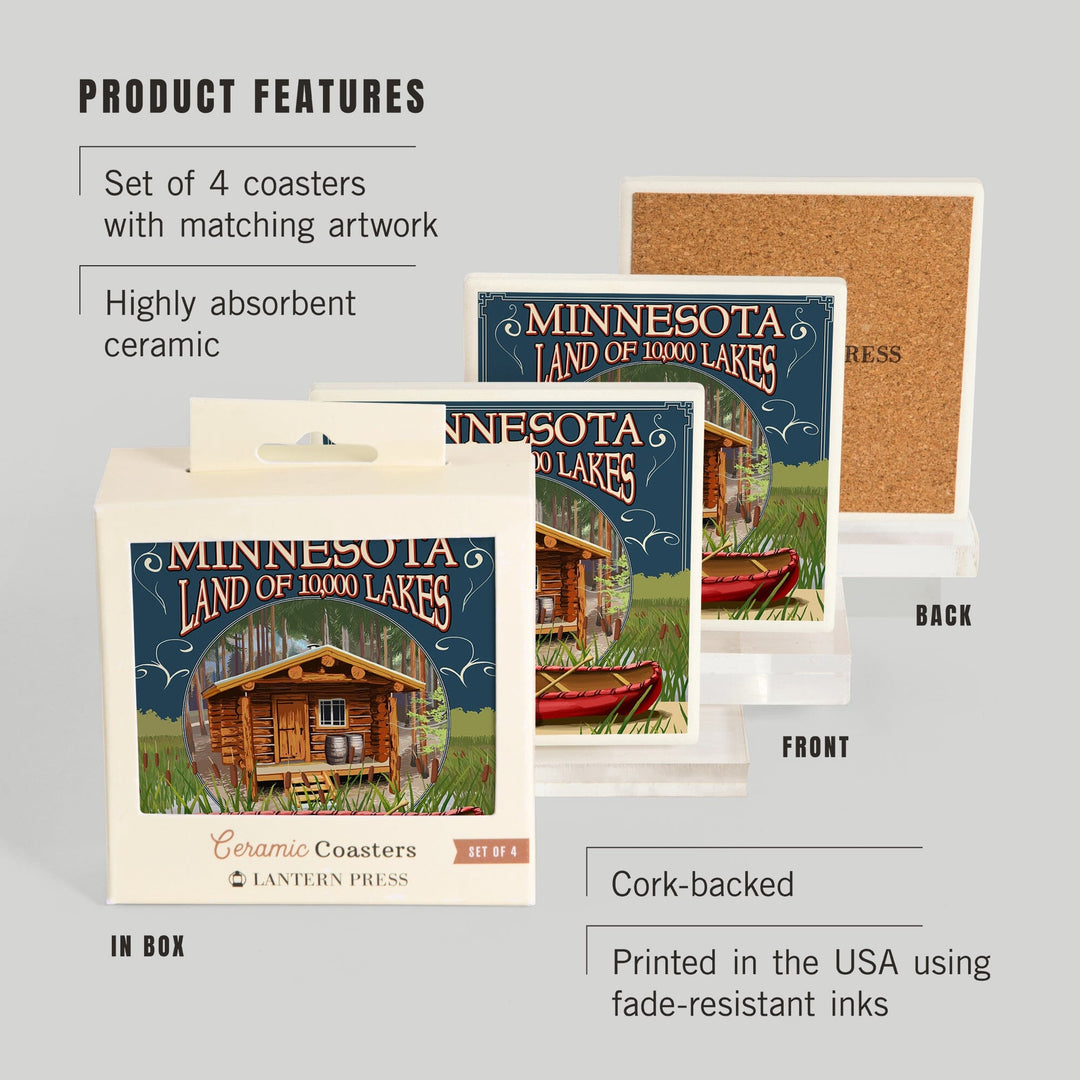 Minnesota, Cabin and Lake, Lantern Press Artwork, Coaster Set - Lantern Press