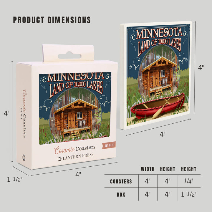 Minnesota, Cabin and Lake, Lantern Press Artwork, Coaster Set - Lantern Press