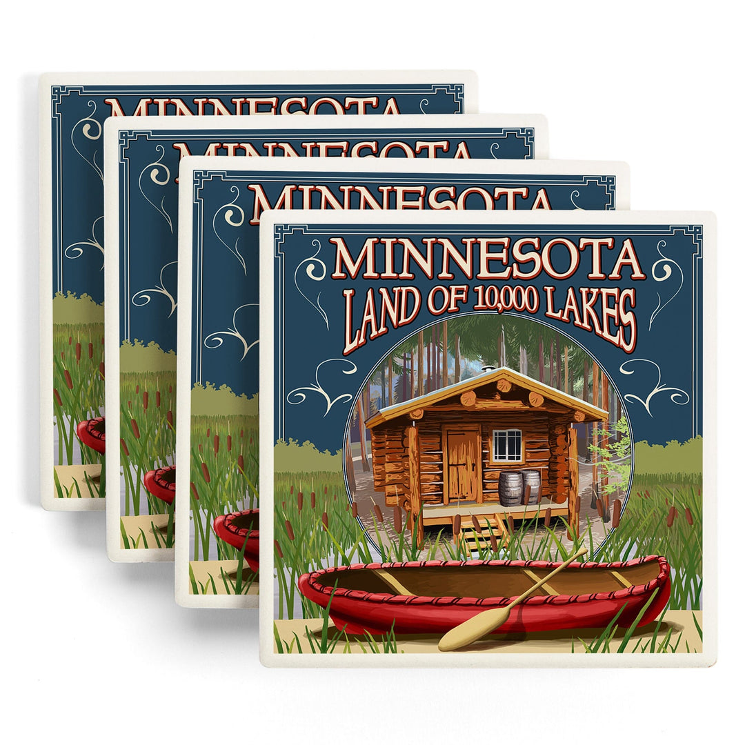 Minnesota, Cabin and Lake, Lantern Press Artwork, Coaster Set - Lantern Press