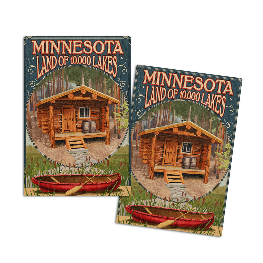 Minnesota, Cabin and Lake, Lantern Press Artwork, Wood Signs and Postcards Wood Lantern Press 4x6 Wood Postcard Set 