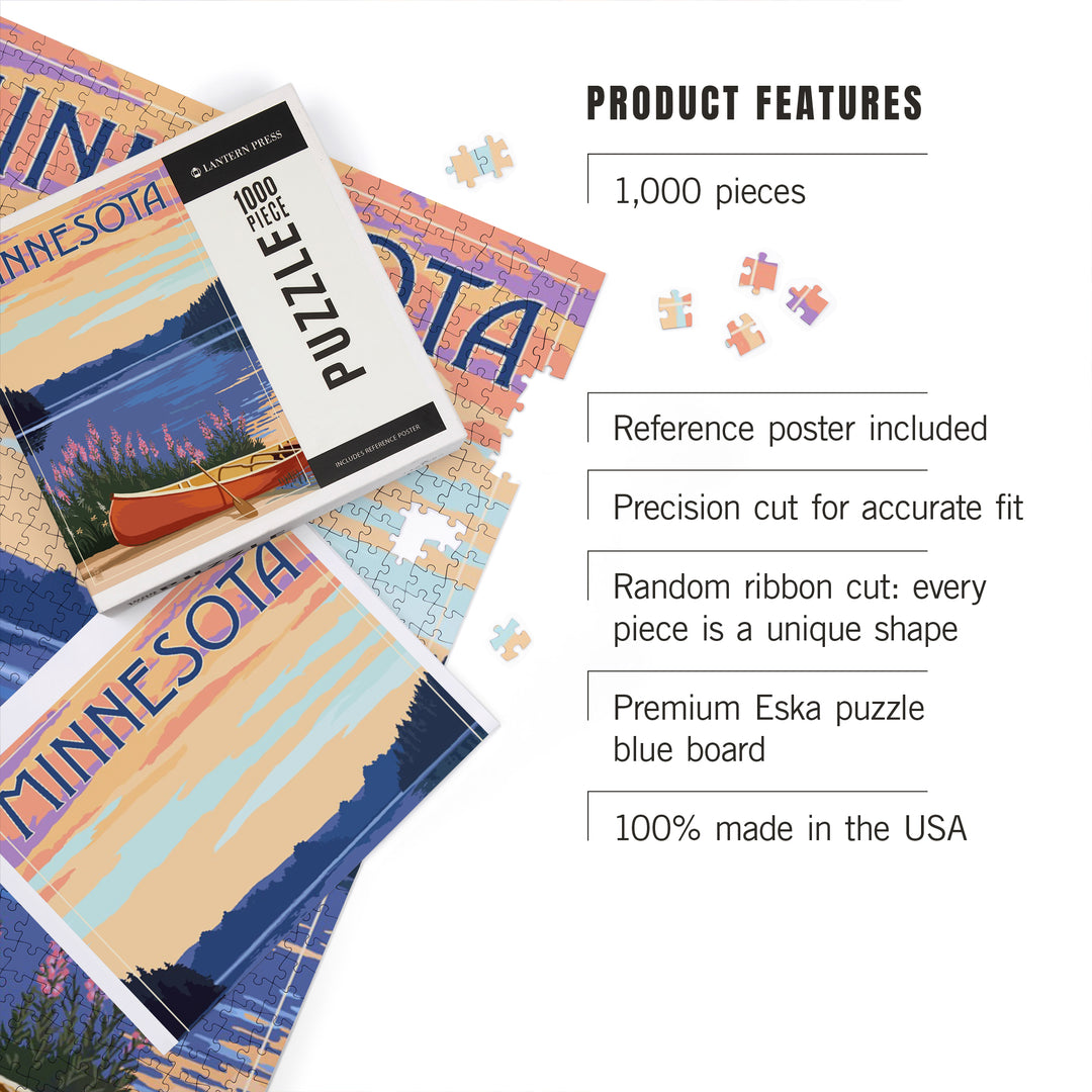 Minnesota, Canoe and Lake, Jigsaw Puzzle Puzzle Lantern Press 