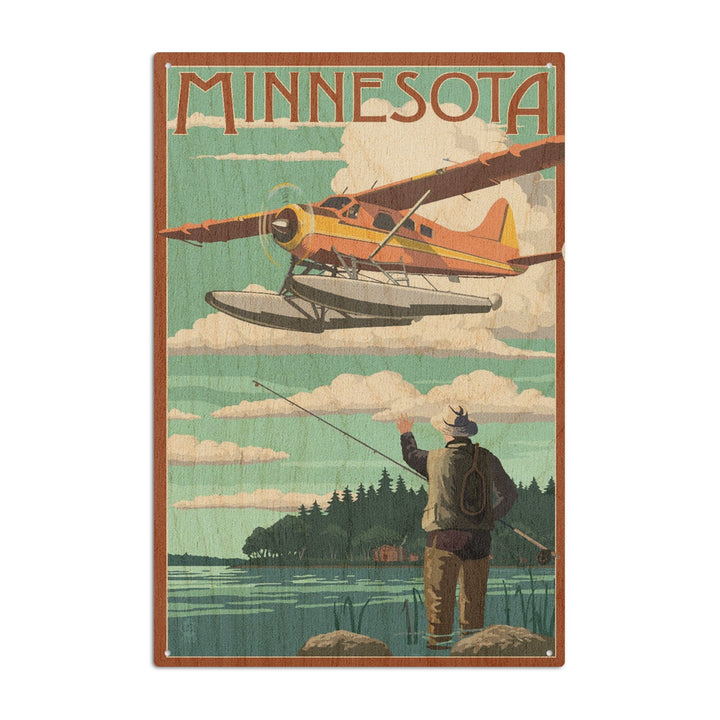 Minnesota, Float Plane & Fisherman, Lantern Press Artwork, Wood Signs and Postcards Wood Lantern Press 10 x 15 Wood Sign 