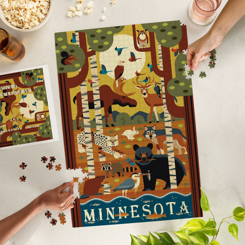 Minnesota, Forest Animals, Geometric, Jigsaw Puzzle Puzzle Lantern Press 