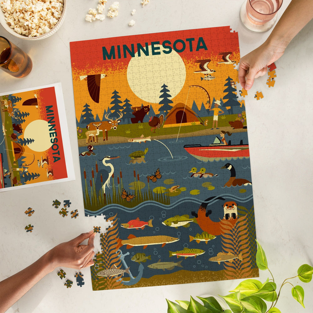 Minnesota, Geometric, Lake and River, Jigsaw Puzzle Puzzle Lantern Press 