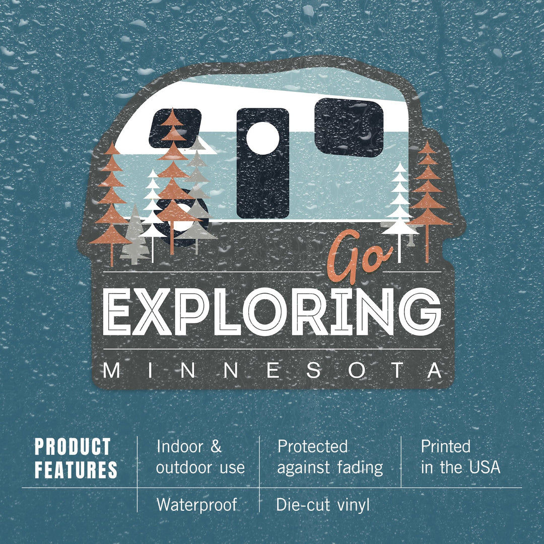 Minnesota, Go Exploring (Camper), Contour, Vinyl Sticker - Lantern Press