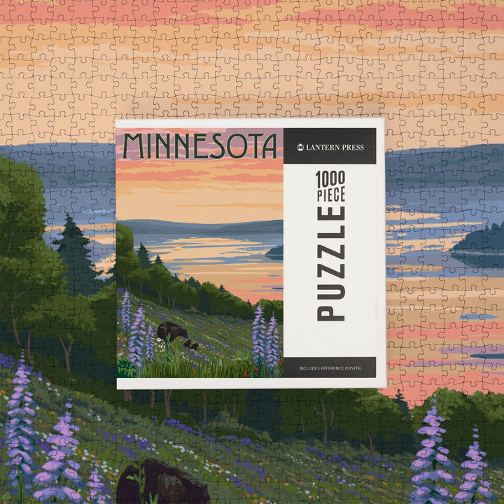 Minnesota, Lake and Bear Family, Jigsaw Puzzle Puzzle Lantern Press 