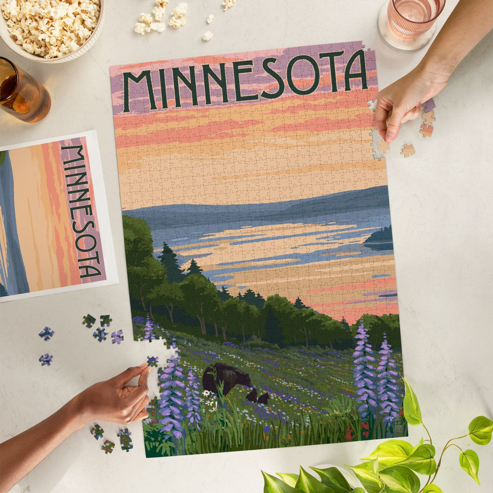 Minnesota, Lake and Bear Family, Jigsaw Puzzle Puzzle Lantern Press 