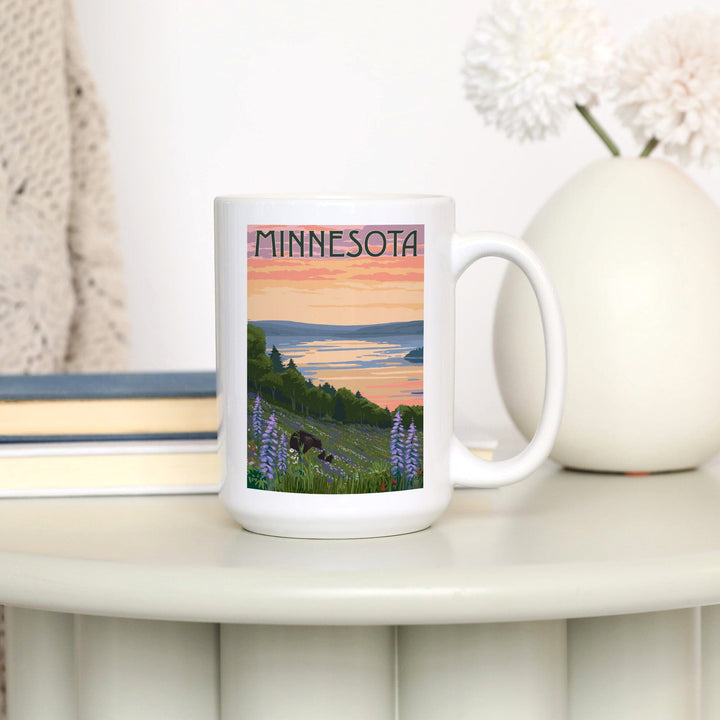 Minnesota, Lake & Bear Family, Lantern Press Artwork, Ceramic Mug - Lantern Press