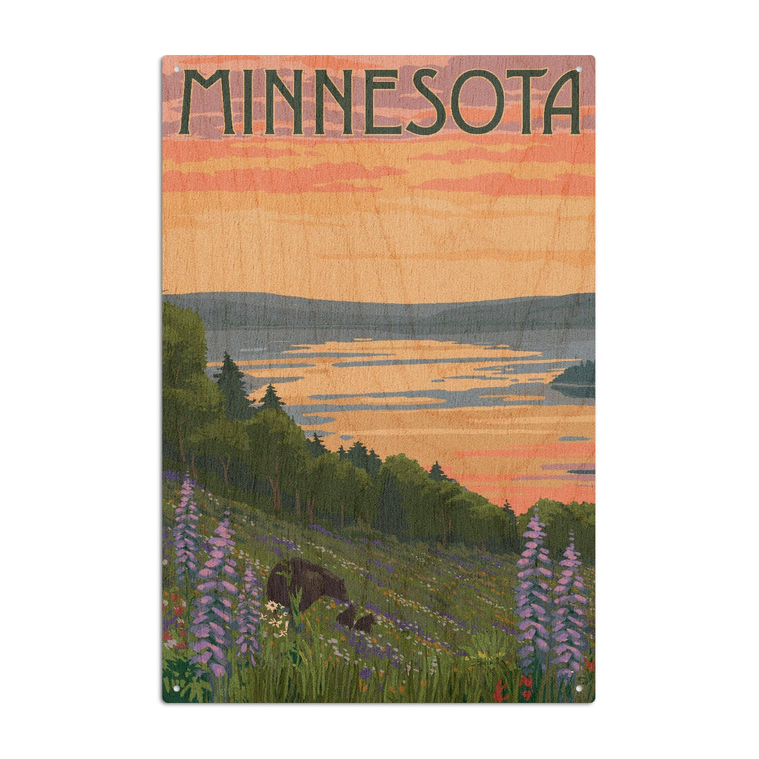 Minnesota, Lake & Bear Family, Lantern Press Artwork, Wood Signs and Postcards Wood Lantern Press 10 x 15 Wood Sign 