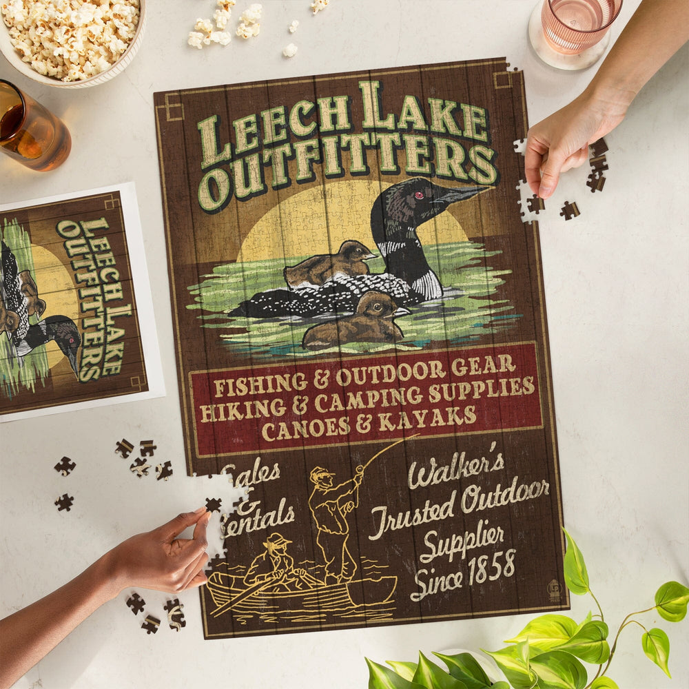 Minnesota, Leech Lake Outfitters Loon Vintage Sign, Jigsaw Puzzle Puzzle Lantern Press 