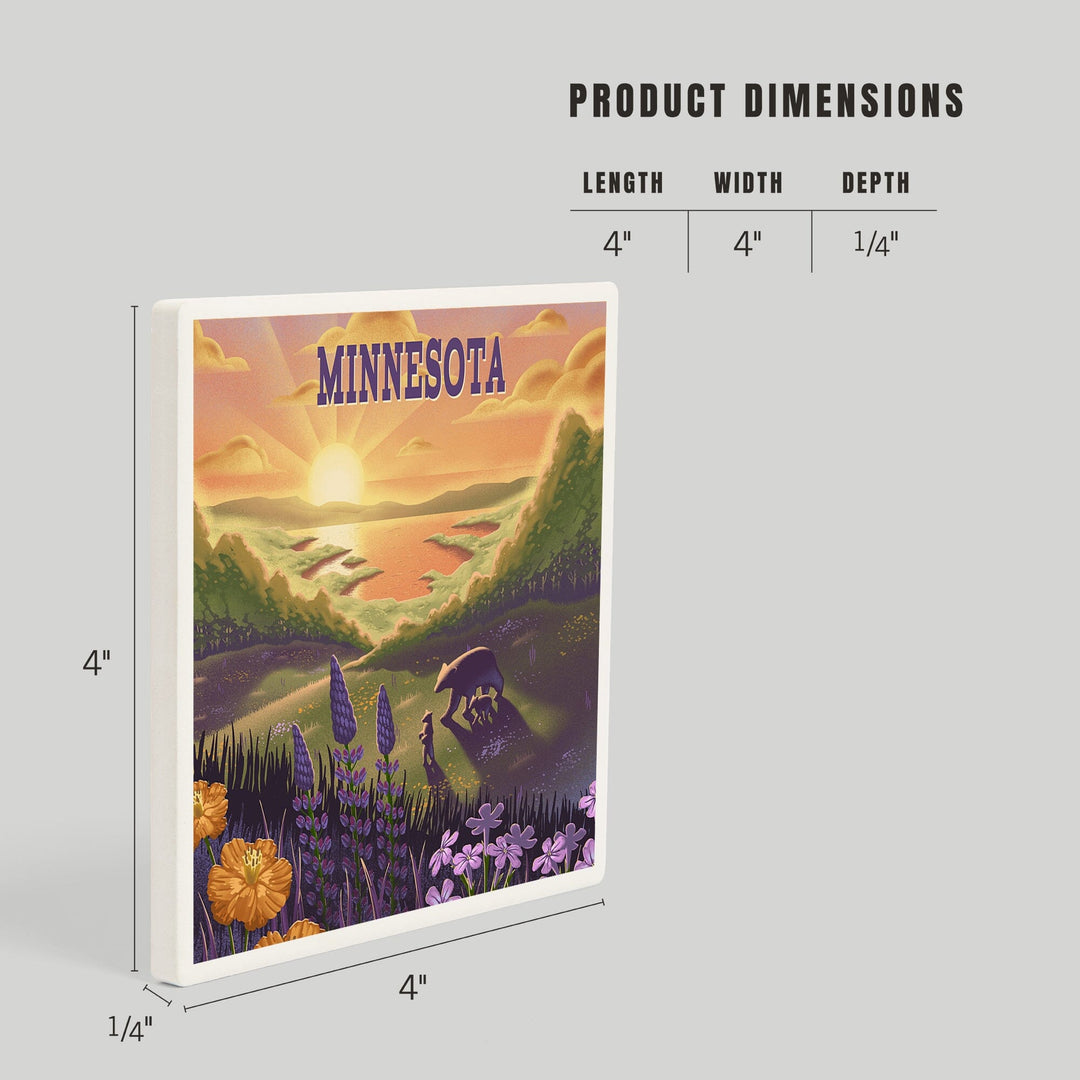 Minnesota, Lithograph, Bear and Spring Flowers, Lake, Coasters Coasters Lantern Press 
