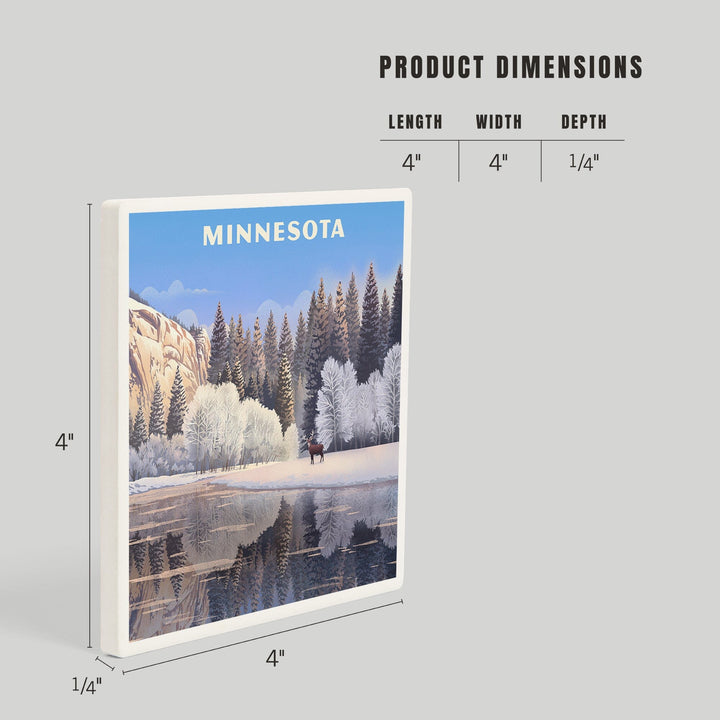 Minnesota, Lithograph, Lone Deer By Snowy Lake, Coasters Coasters Lantern Press 