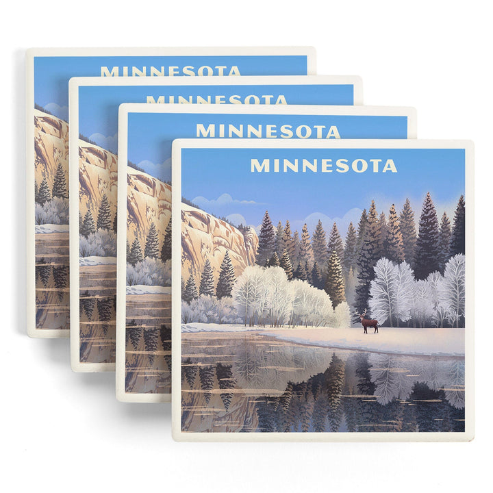 Minnesota, Lithograph, Lone Deer By Snowy Lake, Coasters Coasters Lantern Press 
