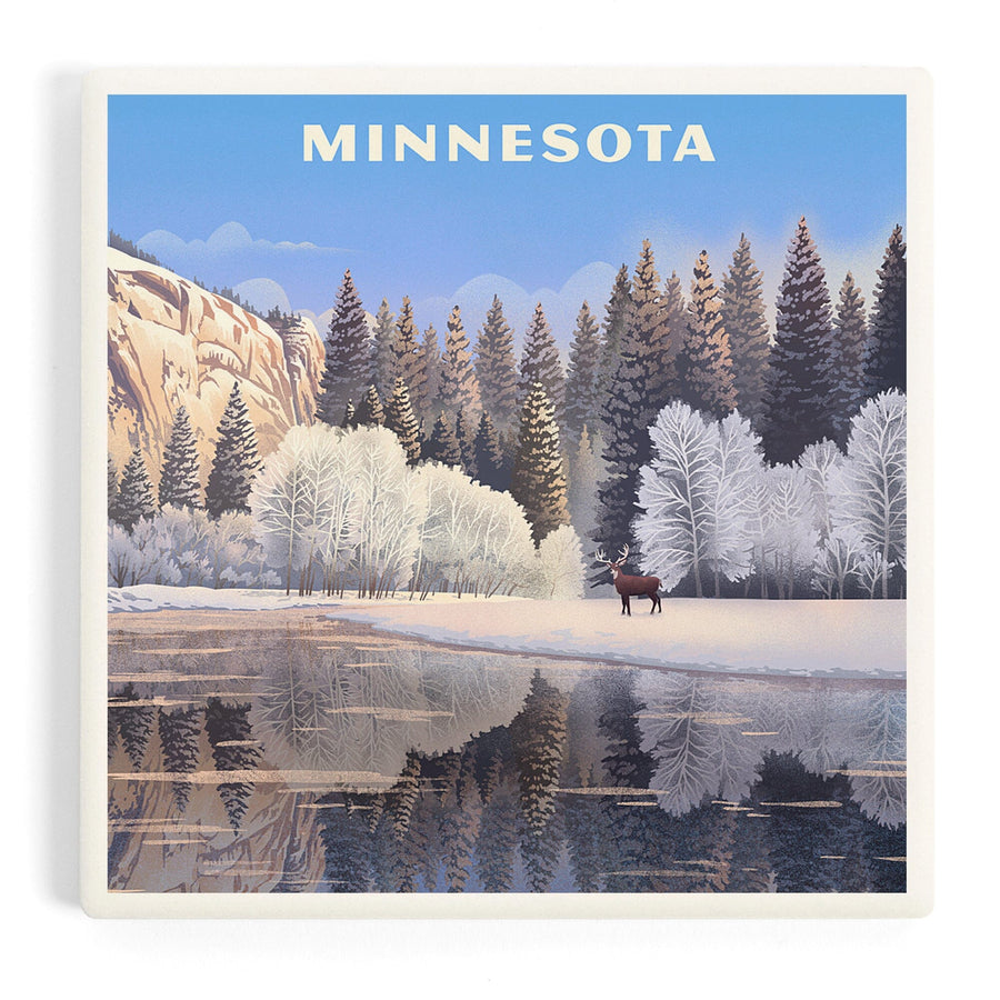 Minnesota, Lithograph, Lone Deer By Snowy Lake, Coasters Coasters Lantern Press 