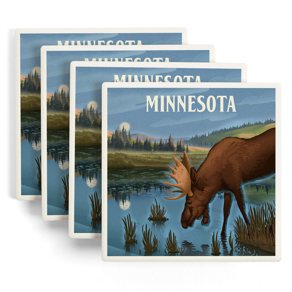 Minnesota, Lithograph, Reflection Pond and Bull Moose, Coasters Coasters Lantern Press 