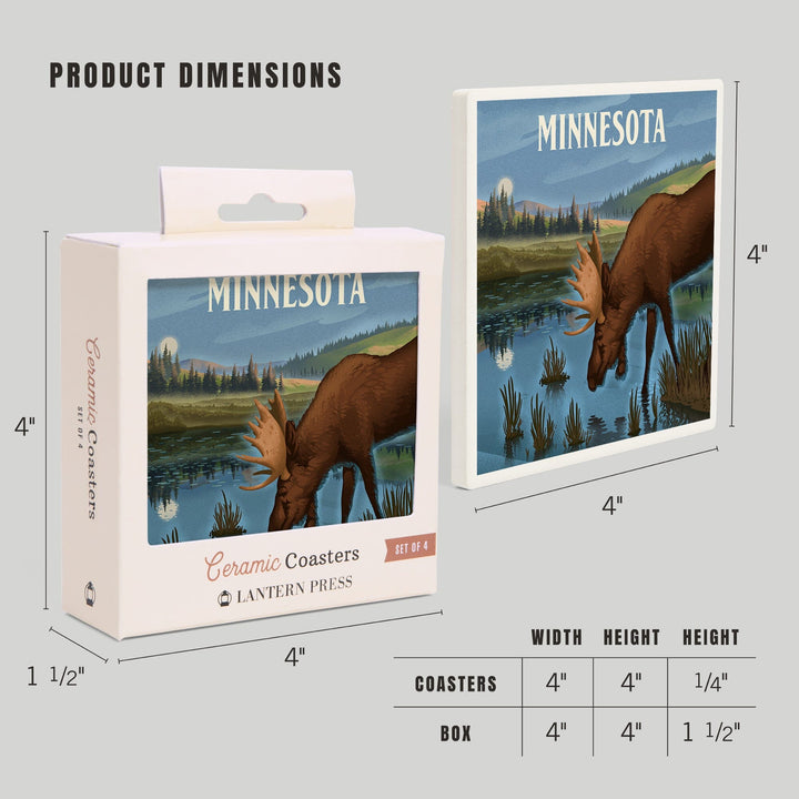 Minnesota, Lithograph, Reflection Pond and Bull Moose, Coasters Coasters Lantern Press 