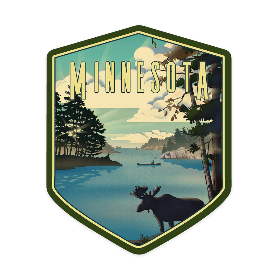 Minnesota, Moose and Lake, Lithograph, Contour, Vinyl Sticker - Lantern Press