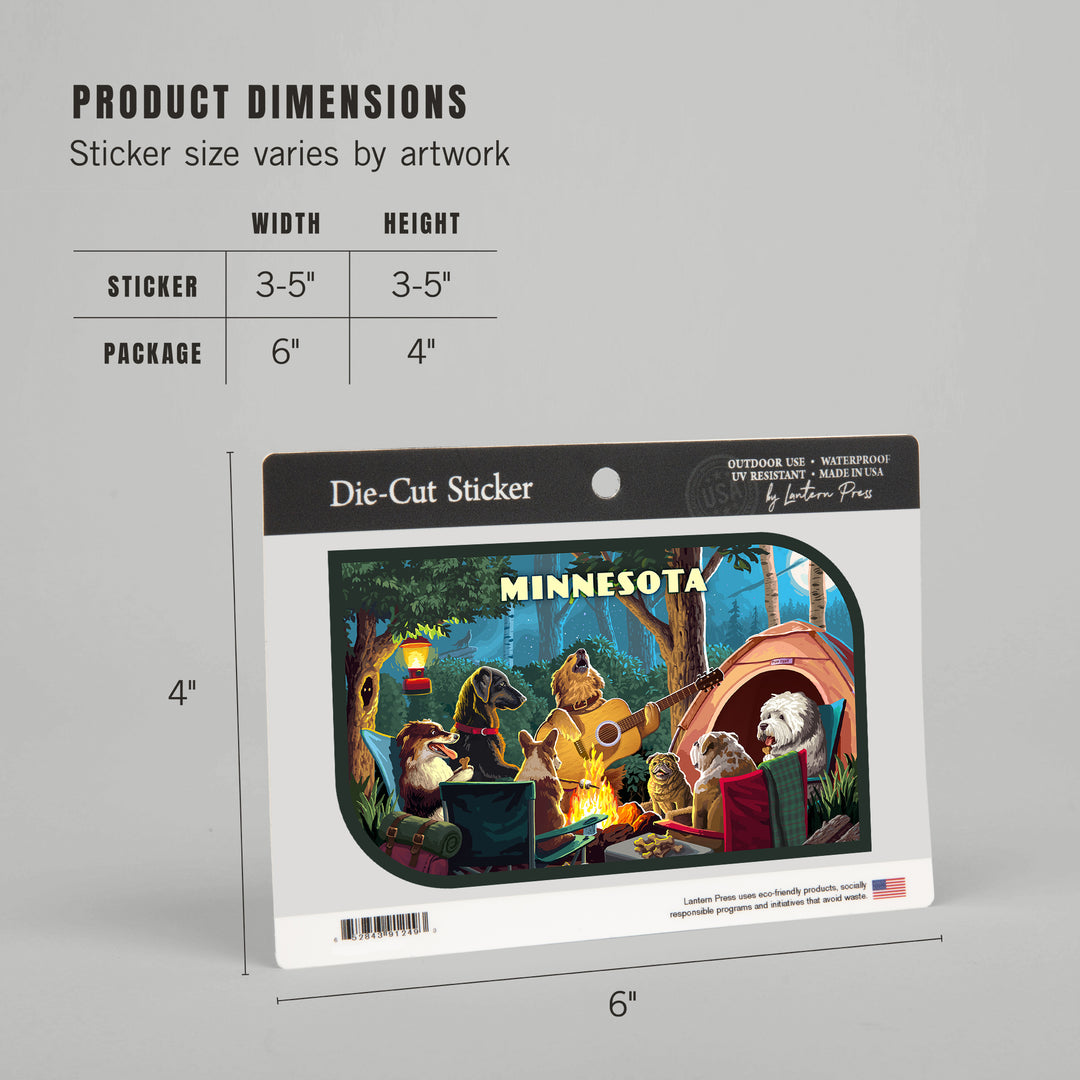 Minnesota, Painterly, Pack Life, Dogs Around Campfire, Vinyl Sticker Sticker Lantern Press 