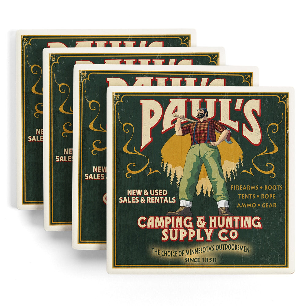 Minnesota, Paul Bunyan Camping Supply Vintage Sign, Coasters Coasters Lantern Press 