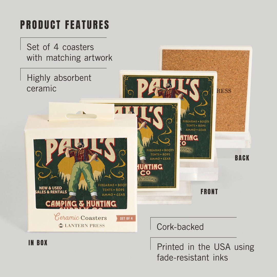 Minnesota, Paul Bunyan Camping Supply Vintage Sign, Coasters Coasters Lantern Press 