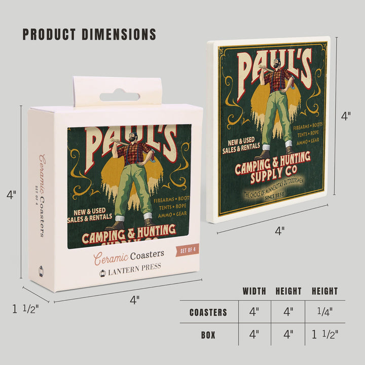 Minnesota, Paul Bunyan Camping Supply Vintage Sign, Coasters Coasters Lantern Press 
