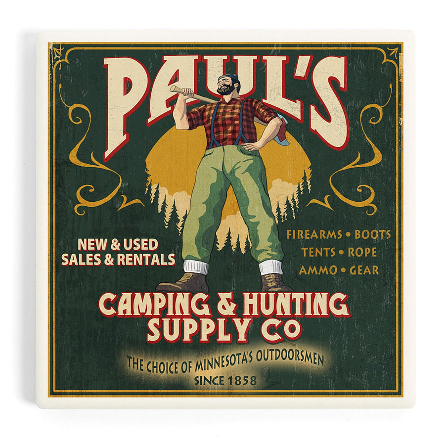 Minnesota, Paul Bunyan Camping Supply Vintage Sign, Coasters Coasters Lantern Press 