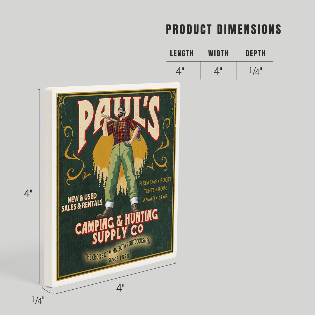 Minnesota, Paul Bunyan Camping Supply Vintage Sign, Coasters Coasters Lantern Press 