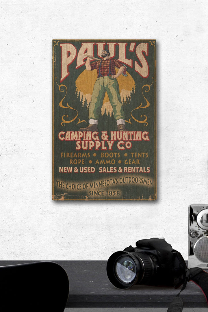 Minnesota, Paul Bunyan Camping Supply Vintage Sign, Lantern Press Artwork, Wood Signs and Postcards Wood Lantern Press 12 x 18 Wood Gallery Print 