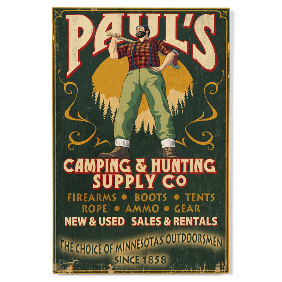 Minnesota, Paul Bunyan Camping Supply Vintage Sign, Lantern Press Artwork, Wood Signs and Postcards Wood Lantern Press 