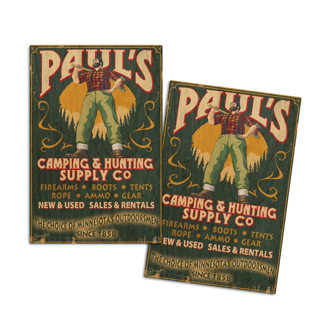 Minnesota, Paul Bunyan Camping Supply Vintage Sign, Lantern Press Artwork, Wood Signs and Postcards Wood Lantern Press 4x6 Wood Postcard Set 