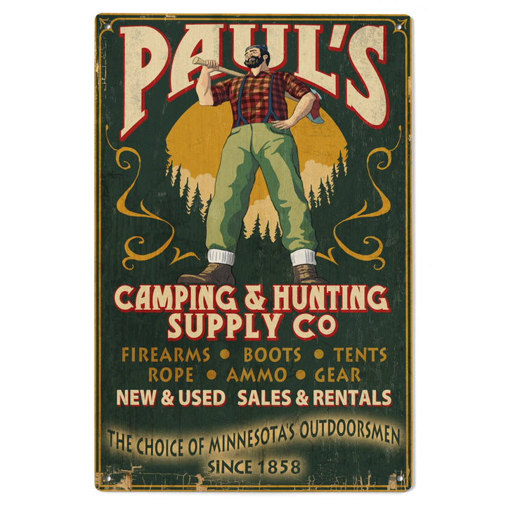 Minnesota, Paul Bunyan Camping Supply Vintage Sign, Lantern Press Artwork, Wood Signs and Postcards Wood Lantern Press 