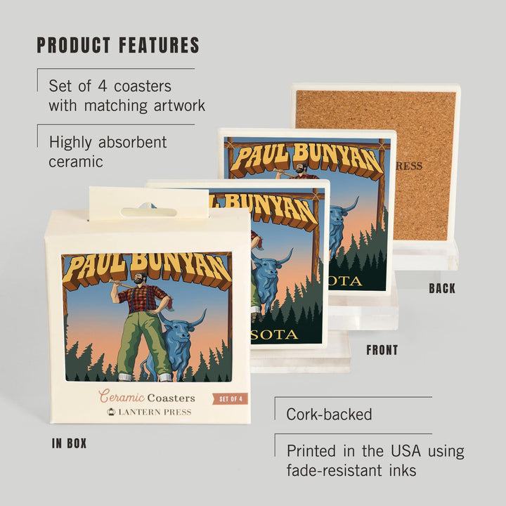 Minnesota, Paul Bunyan, Lantern Press Artwork, Coaster Set - Lantern Press