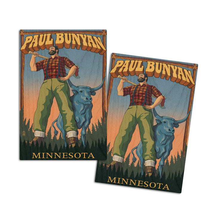 Minnesota, Paul Bunyan, Lantern Press Artwork, Wood Signs and Postcards Wood Lantern Press 4x6 Wood Postcard Set 