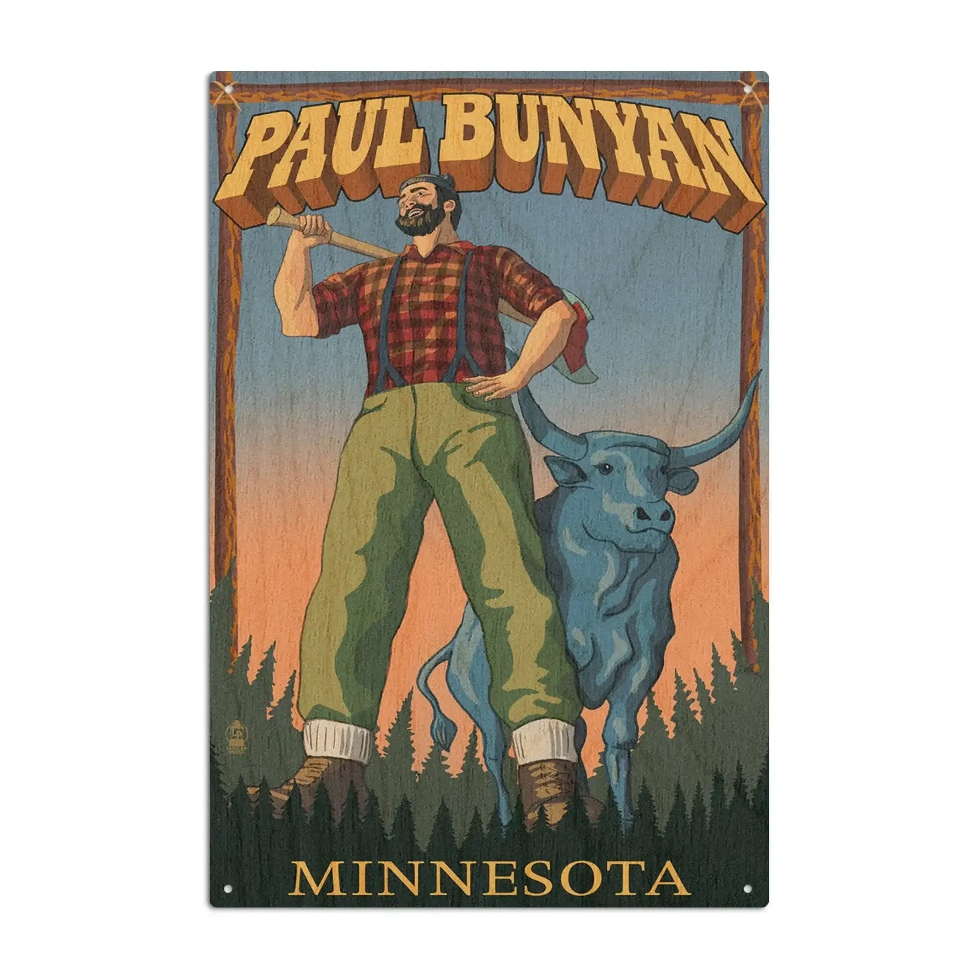 Minnesota, Paul Bunyan, Lantern Press Artwork, Wood Signs and Postcard