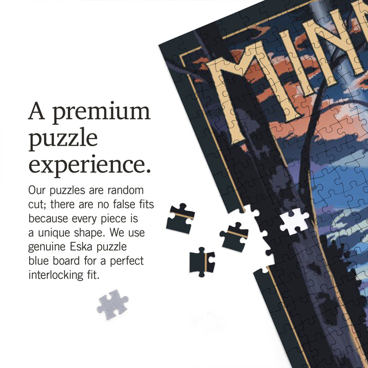 Minnesota, Retro Camper and Lake, Jigsaw Puzzle Puzzle Lantern Press 