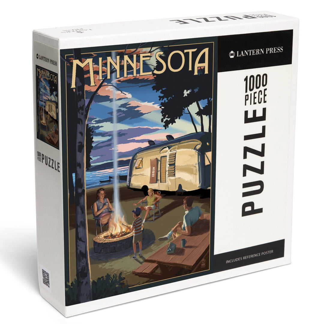 Minnesota, Retro Camper and Lake, Jigsaw Puzzle Puzzle Lantern Press 